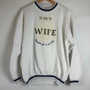Navy‎ Wife Made in USA Crewneck Sweatshirt Retro Heather White Gray Navy Blue XL